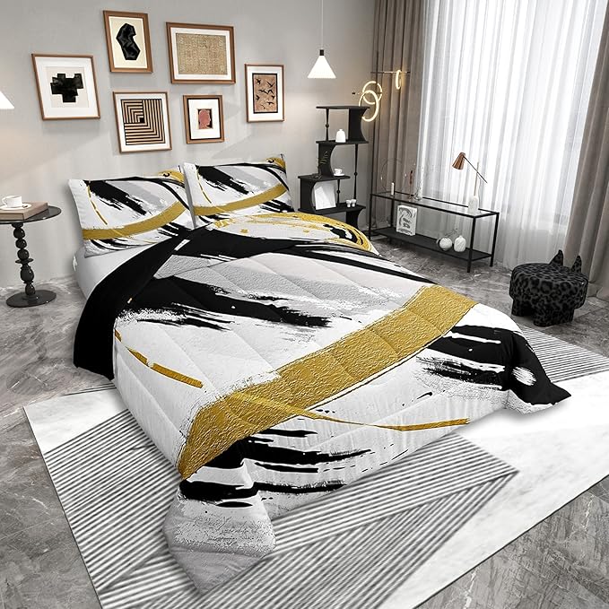 Black Grey Gold Bedding Set Twin Brush Strokes Oil Painting Comforter Set, Gradient Abstract Vintage Duvet Insert Ombre Graffiti Quilt Comforter, Contemporary Modern Bedding Comforters & Sets