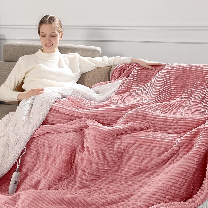 Electric Throw Heated Throw 50''x60'', Striped Flannel & Thicker Sherpa, 5 Heat Settings & 4 Hour Auto Off with FCC/ETL Certified, Overheat Protection & Machine Washable, Great Gift, Pink