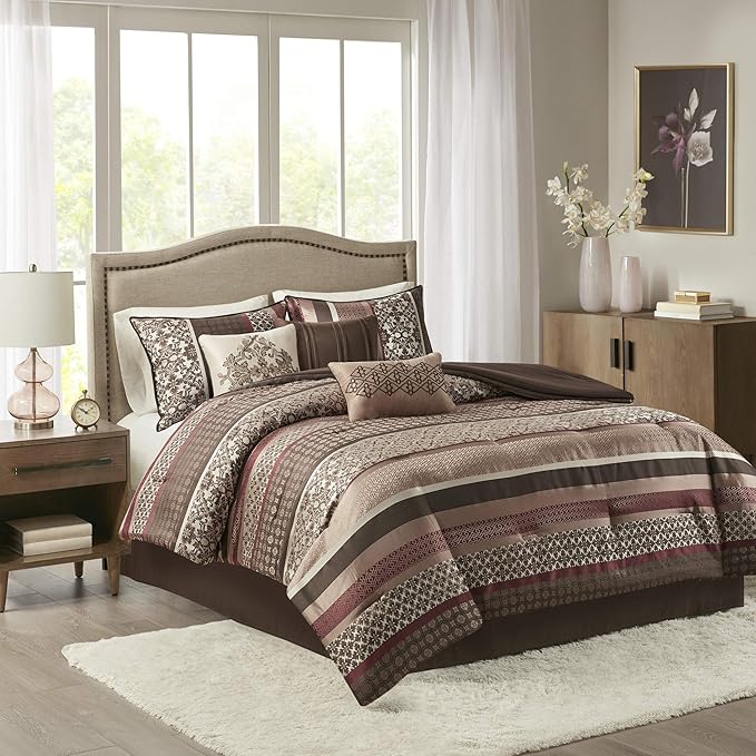 Madison Park Princeton Cozy Comforter Set - Luxurious Jaquard Traditional Damask Design, All Season Down Alternative Bedding with Matching Shams, Decorative Pillow, King(104"x92"), Red 7 Piece