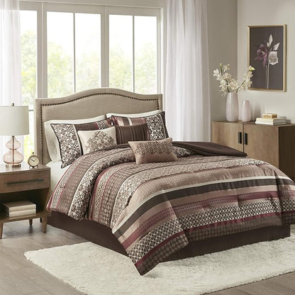 Madison Park Princeton Cozy Comforter Set - Luxurious Jaquard Traditional Damask Design, All Season Down Alternative Bedding with Matching Shams, Decorative Pillow, King(104"x92"), Red 7 Piece