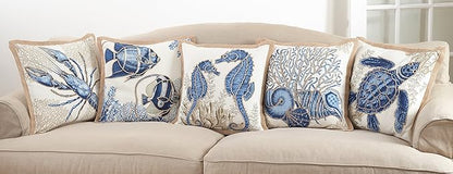 SARO LIFESTYLE Neptunian Coastal Throw Pillow – 20” x 20”, Woven Cotton Cover with Jute Trim, Zipper Closure, Down & Feather Insert – Fish, Navy Blue