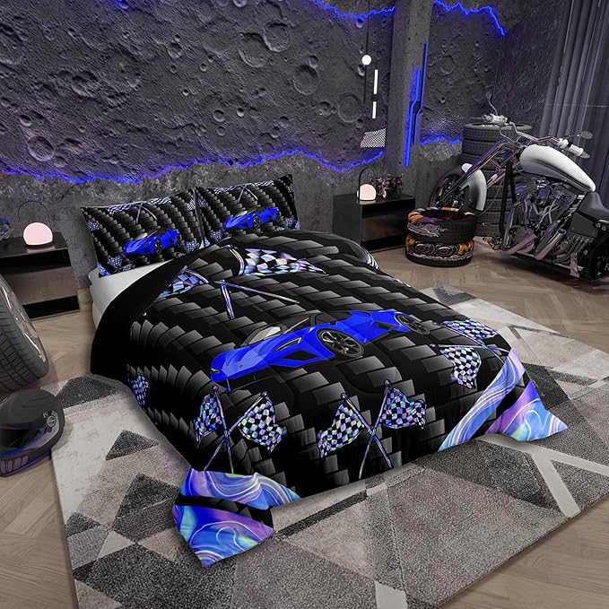 jejeloiu Blue Race Car Bedding Set Full Size Extreme Sports Comforter Set for Kids Teens Adult Fast and Furious Duvet Set Dazzling Flag Quilt Set 3Pcs