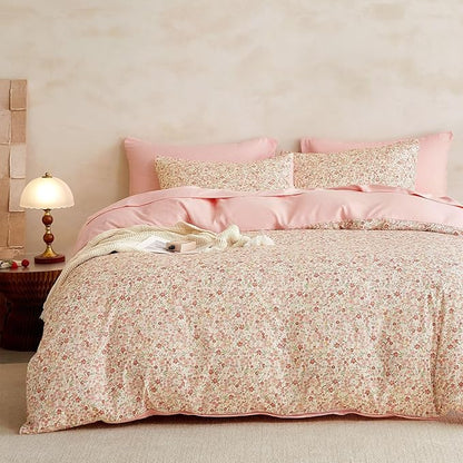 Wake In Cloud - Floral Comforter Set, Cute Vintage Flower Cottagecore Aesthetic for Women Teen Girls, Soft Lightweight Dorm Bedding, 3 Pieces, Cream Pink, Twin/Twin XL Size