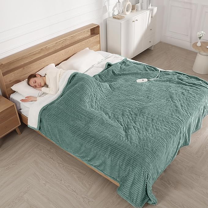 Heated Blanket King Size - Electric Heated Blanket with Dual Controls, 5 Heat Settings, 10-Hour Auto Off, Striped Flannel & Sherpa, FCC/ETL Certified, 90''x100'' Teal