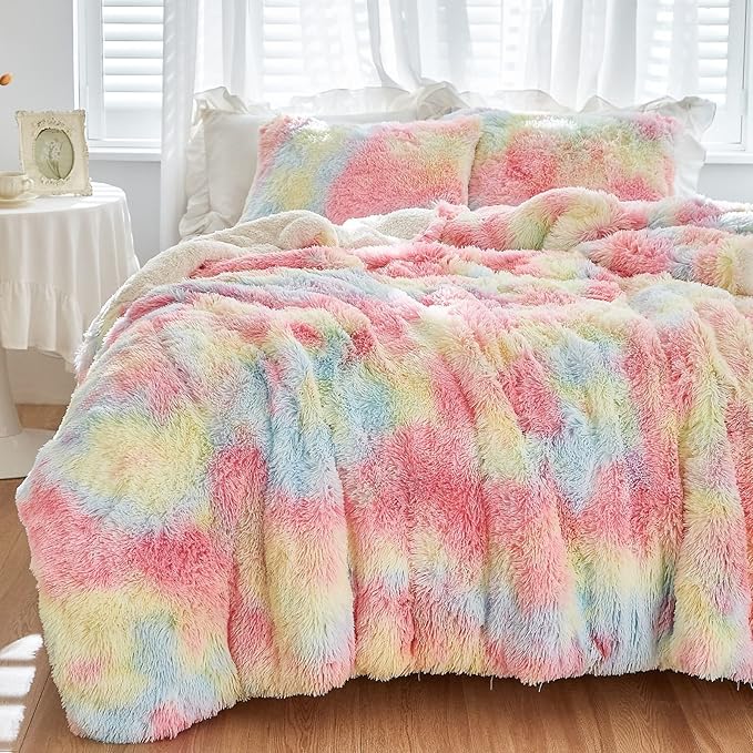 Luxury Faux Fur Shaggy Comforter Set Twin Size, Plush & Sherpa Reversible Comforter Tie Dye Rainbow, 3 Pieces Fluffy Fuzzy Bedding Set Ultra Soft and Warm for Winter (1 Comforter + 2 Pillowcases)