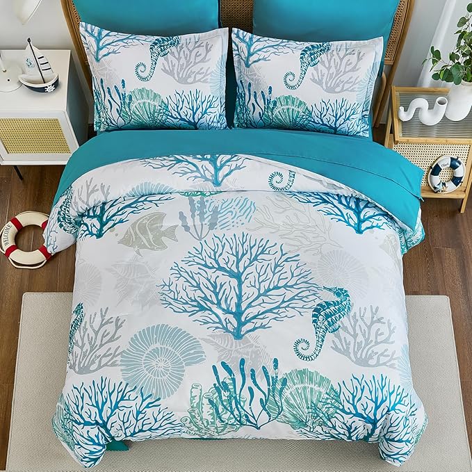 WONGS BEDDING Coastal Comforter Set Queen, Beach Themed Comforter,7 Pieces Ocean Nautical Seaweed & Starfish Bed in a Bag (90"×90")