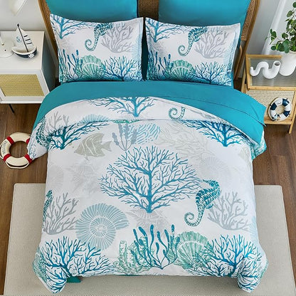 WONGS BEDDING Coastal Comforter Set King, Beach Themed Comforter,7 Pieces Ocean Nautical Seaweed & Starfish Bed in a Bag (104"×90")