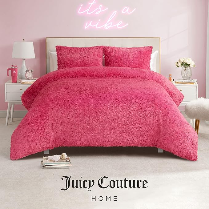 Juicy Couture Shaggy Faux Fur Hot Pink Full/Queen Comforter Set - Soft and Cozy 3-Piece Machine Washable Bedding Comforter and Sham Set