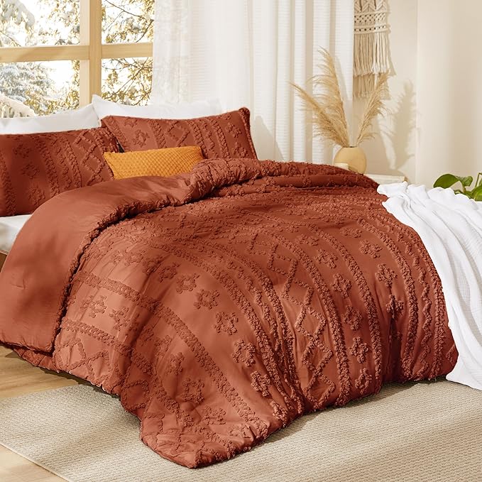 Bedsure Tufted Boho Comforter Set King Size - Terracotta Boho Bed Set, GentleSoft™ 3 Pieces Farmhouse Shabby Chic Embroidery Bedding, Gifts for Woman, Soft Jacquard King Comforter for All Seasons