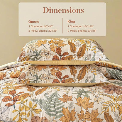 King Comforter Set - 3 Pieces Botanical Bedding Comforter Set, 1 Soft Orange Fall Plant Flowers Comforter (104"x90") and 2 Pillow Shams(20"x36") Ultra-Soft Comfort Suitable for All Seasons