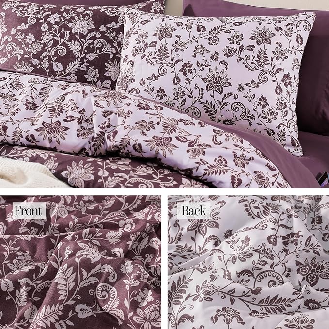 Full Comforter Set -7 Pieces Floral Dark Purple Comforter Set for All Seasons, Bed in a Bag Full with Botanical Flowers Comforter, Sheets, Pillowcases & Shams