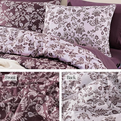 Full Comforter Set -7 Pieces Floral Dark Purple Comforter Set for All Seasons, Bed in a Bag Full with Botanical Flowers Comforter, Sheets, Pillowcases & Shams