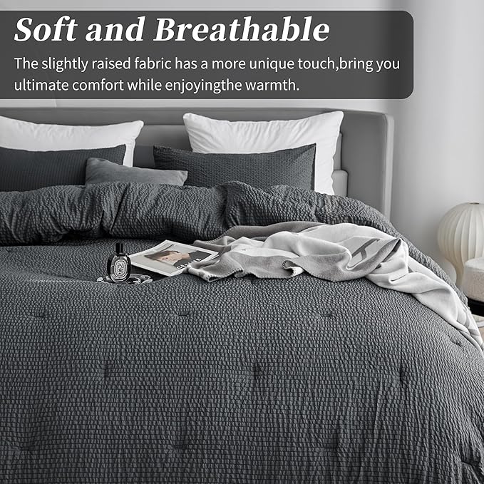 HOMBYS 3 Piece Seersucker Oversized King Comforter Set 120x128, Breathable Grey Soft Comforter Set, Lightweight Bedding Comforter Sets with Comforter for All Season
