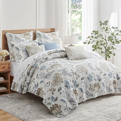 Levtex Home - Maileen Neutral Blue - Euro Sham Set of 2 - Floral - Taupe Blue and Cream - (26x26in.), No Insert - Reversible - Cotton