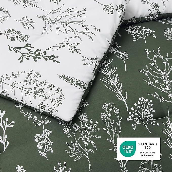 Bedsure King Comforter Set - Dark Olive Green Bed Set, 3 Pieces Cute Floral Bedding, 1 Soft Reversible Botanical Flowers Comforter and 2 Pillow Shams
