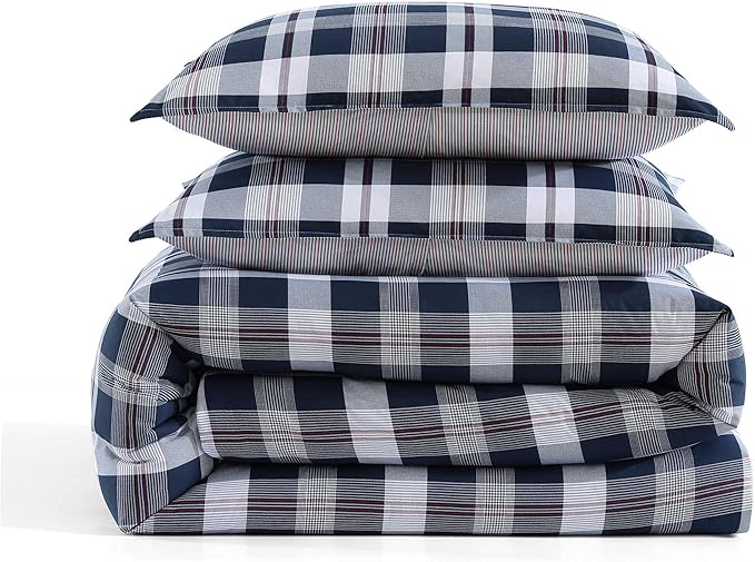 Tommy Hilfiger - King Comforter Set, Cotton Textured Bedding with Matching Shams, Medium Weight Bed Set, Oeko-TEX Certified (Dream Madras Blue)