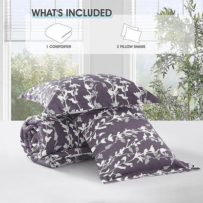 Grayish Purple Comforter Set, Full Size, Vivid Leaves Branch 3 Pieces Bedding Set, Soft Polyester Microfiber Print, All Seasons, 1 Lightweight Comforter and 2 Pillow Shams