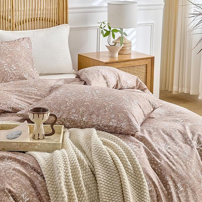 AMWAN Khaki Comforter Set Full 3 Piece, Botanical Bedding Set 1 Comforter + 2 Pillowcases, All Seasons Floral Warm Fluffy Boho Bed Set