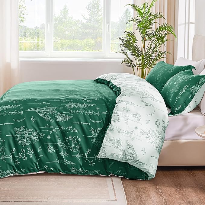 Love's cabin Emerald Comforter Set King - King Size Comforter Set, 3 Pieces Cute Floral Bedding Sets for All Seasons,1 Soft Reversible Botanical Flowers Comforter and 2 Pillow Shams