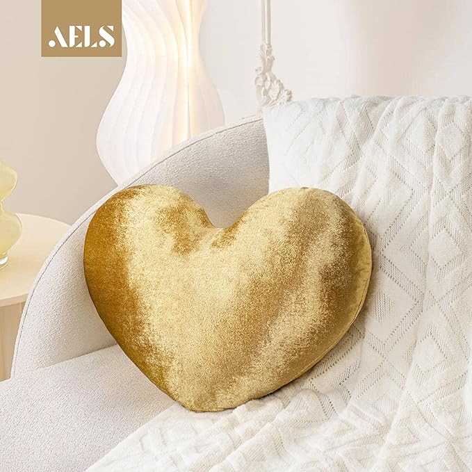 AELS Heart Shaped Pillow, 20 Inches Heart Decorative Throw Pillows, Velvet Love Cute Pillows, Valentines Day Decorations, Wedding Decor, Living Room Bedroom Nursery Decor, Golden