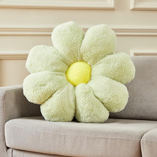 Large 21.6" Green Flower Pillow Floor Pillow & Office Chair Cushion – Faux Rabbit Fur Plush Decorative Pillow, Comfortable Gift for Adults