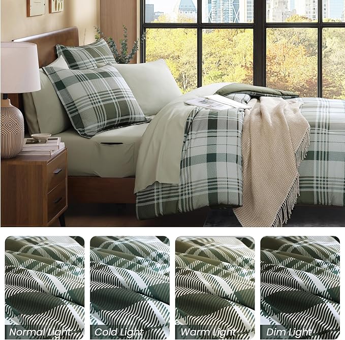 MaiRêve Full Size Comforter Set Olive Green, Plaid Design Comforter Set 7 Pieces, All Season Comfortable Bedding Sets Full, Lightweight, Soft and Warm (Olive Green, Full)