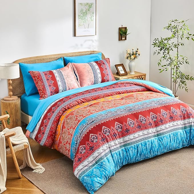 Boho Comforter Set Queen - 7 Pieces Bed in a Bag, Bohemian Striped Comforter Set with Sheets, Soft Microfiber Colorful Floral Bedding Set for All Season