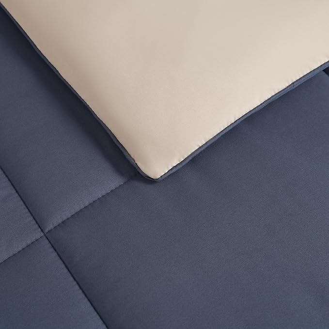 Reversible Box Stitch Comforter Set, 3-Piece Full/Queen – Navy Blue/Tan – Stylish Bedding Set
