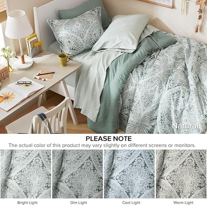 Comfort Spaces Bed in A Bag Comforter Set - Trendy Casual Design Twin XL Comforter with Complete Sheet Set with Side Pocket, All Season Comforter, Shams, Gloria, Twin XL Green 6 Piece