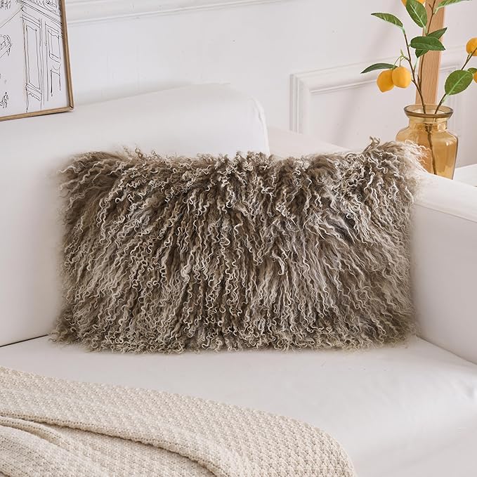 Genuine Mongolian Lamb Fur Pillow Cover – 12"x20" Rectangular Cushion Case – Soft Curly Wool Decorative Accent for Sofa, Bed, or Chair (Sage Green with White Tips)