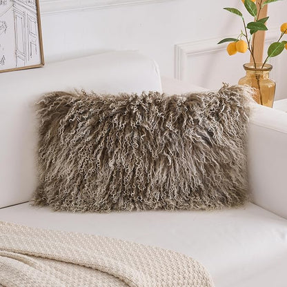 Genuine Mongolian Lamb Fur Pillow Cover – 12"x20" Rectangular Cushion Case – Soft Curly Wool Decorative Accent for Sofa, Bed, or Chair (Sage Green with White Tips)