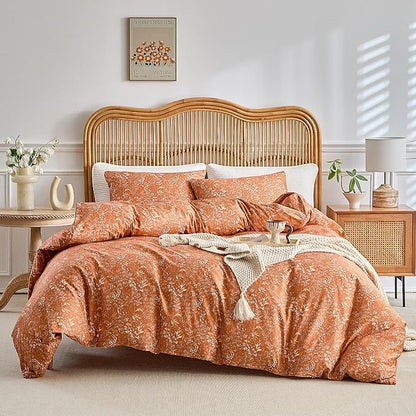 AMWAN Burnt Orange Comforter Set Full 3 Piece, Botanical Bedding Set 1 Comforter with 2 Pillowcases, All Seasons Floral Warm Fluffy Bed Set Boho