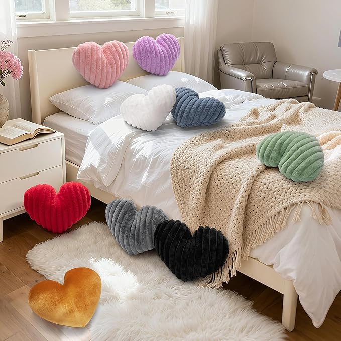 16 Inch Pink Heart Pillow Decorative Throw Pillows, Heart Shaped Soft Fluffy Faux Fur Cute Pillows for Women Valentine Anniversary Couch Bed Bedroom Room Home Decor Aesthetic (1, Pink, Medium-16"x13")