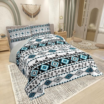 Deer Silhouettes Twin Size Comforter Set,Aztec Abstract Geometric Print Duvet Set Soft Bed Collection,Western Elk Animals Southwest Tribal Ethnic Bedding Comforter for Boys Girls Bedroom,2 Pcs