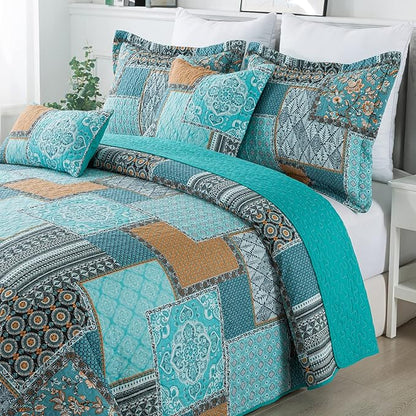 BEDIFANY Cotton California King Size Quilt for Farmhouse- Teal Oversized King Bedspread Set - Highly-Woven Soft Lightweight Coverlet for All Seasons, 3 Pieces