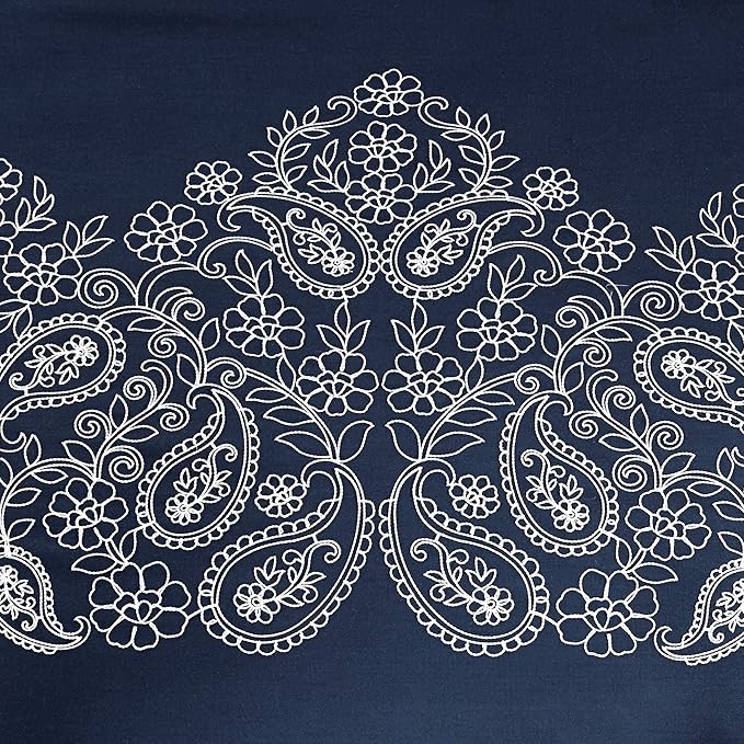 Chezmoi Collection Linz 7-Piece Navy/White Paisley Floral Scroll Embroidered Comforter Set, Queen