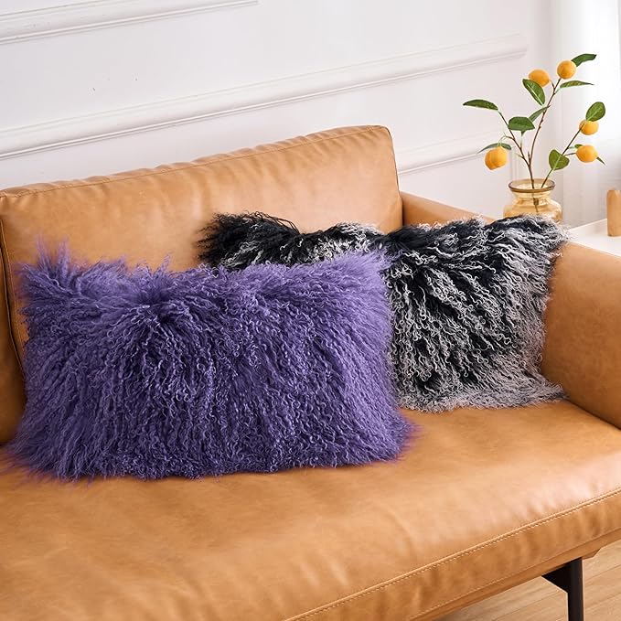 Genuine Mongolian Lamb Fur Pillow Cover – 12"x20" Rectangular Cushion Case – Soft Curly Wool Decorative Accent for Sofa, Bed, or Chair(Royal Lavender)