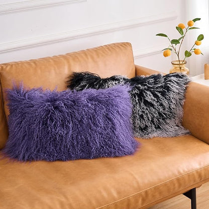 Genuine Mongolian Lamb Fur Pillow Cover – 12"x20" Rectangular Cushion Case – Soft Curly Wool Decorative Accent for Sofa, Bed, or Chair(Royal Lavender)