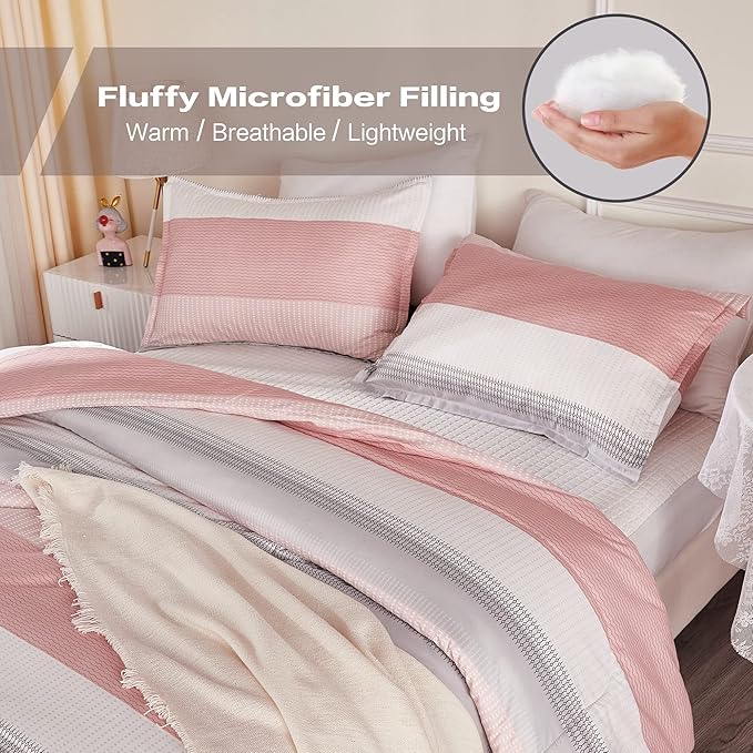 Litanika Pink Full Size Comforter Sets for Girls, 3 Pieces Blush White Colorblock Women Lightweight Bedding Comforter Set
