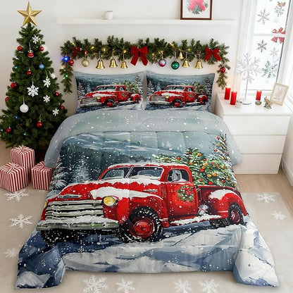 Red Christmas Truck Comforter Set Twin Size,Winter Snow View Bedding Set 2pcs for Kids Boys Girls Adults Room Decor,Happy New Year Themed Quilt Set Xmas Pine Duvet Insert,1 Pillowcase