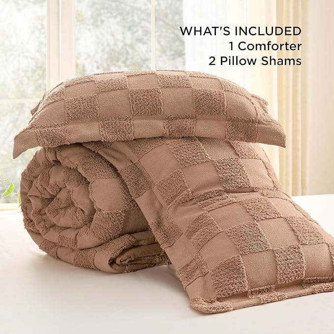 Bedsure Queen Size Comforter Set Taupe, Boho Tufted Bed Set, Checkered Farmhouse Shabby Chic Bedding, 3 Pieces, 1 Plaid Geometric Comforter and 2 Pillow Shams