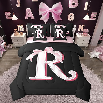 jejeloiu Kawaii Pink Bow King Comforter Set with Sheets,Gifts for Women Teen Girl,Personalized Initial Letter R 7 Piece Bedding Set,Soft Monogrammed Bed in a Bag with Comforter,Sheets,Pillowcases