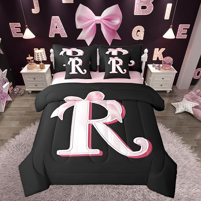 jejeloiu Kawaii Pink Bow Queen Comforter Set with Sheets,Gifts for Women Teen Girl,Personalized Initial Letter R 7 Piece Bedding Set,Soft Monogrammed Bed in a Bag with Comforter,Sheets,Pillowcases