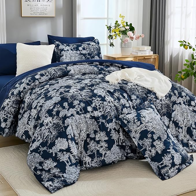 DJY Queen Size Comforter Sets, 7 Pieces Bed in a Bag Queen Navy Blue Botanical Comforter Set with Sheets, White Elegant Plants Print Soft Microfiber Reversible Complete Bedding Sets for All Season