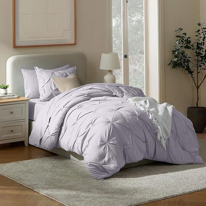 Nestl Twin XL Comforter Set 5 Piece - Pintuck Twin XL Bedding Set Grey Lavender, College Dorm Essentials Bed in a Bag, Twin XL Comforter Set for College Girls and Boys with Sheets, Pillowcase and Sham