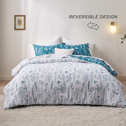 Bedsure Queen Comforter Set - Teal Blue Bed Set, 3 Pieces Cute Floral Bedding, 1 Soft Reversible Botanical Flowers Comforter and 2 Pillow Shams