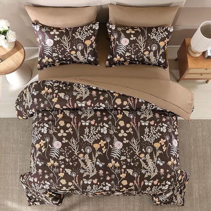 Yiran Brown Comforter Set Queen Size, 7 Piece Floral Comforter Bedding Set, Farmhouse Bed in a Bag, Soft Microfiber Complete Bedding Set with Sheets for All Season