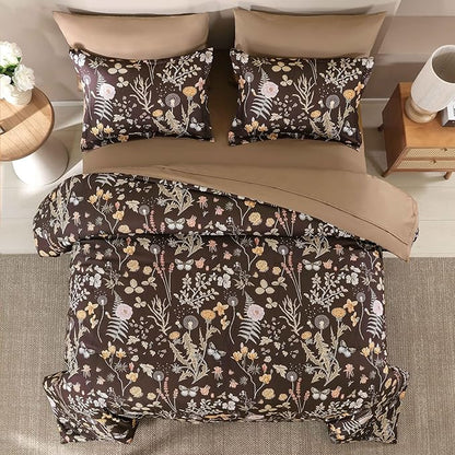 Yiran Brown Comforter Set Queen Size, 7 Piece Floral Comforter Bedding Set, Farmhouse Bed in a Bag, Soft Microfiber Complete Bedding Set with Sheets for All Season