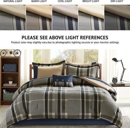 Intelligent Design Robbie 7-Piece Twin XL Comforter Set – Lightweight All-Season Plaid Bedding, Navy/Tan, Cozy Bed-in-a-Bag with Matching Shams & Decorative Pillow, Modern Casual Style