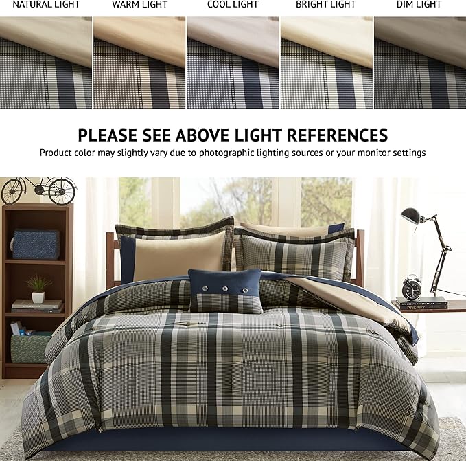 Intelligent Design Robbie 9-Piece Queen Comforter Set – Lightweight All-Season Plaid Bedding, Navy/Tan, Cozy Bed-in-a-Bag with Matching Shams & Decorative Pillow, Modern Casual Style